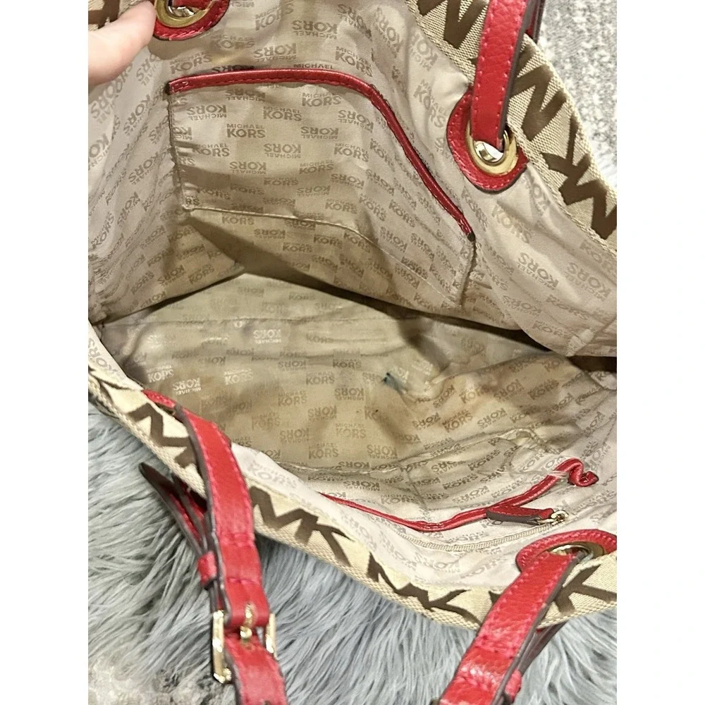 MK Michael‎ Kors Jet Set Signature Grab Bag Tote Tan/Red Jacquard Leather Y2K